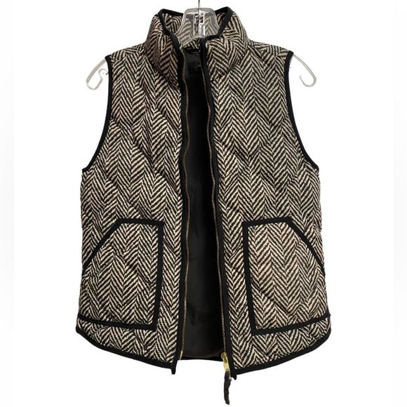 J. Crew Herringbone Down Feathers Vest Women Size XS Quilted Black Cream Preppy - Picture 3 of 14